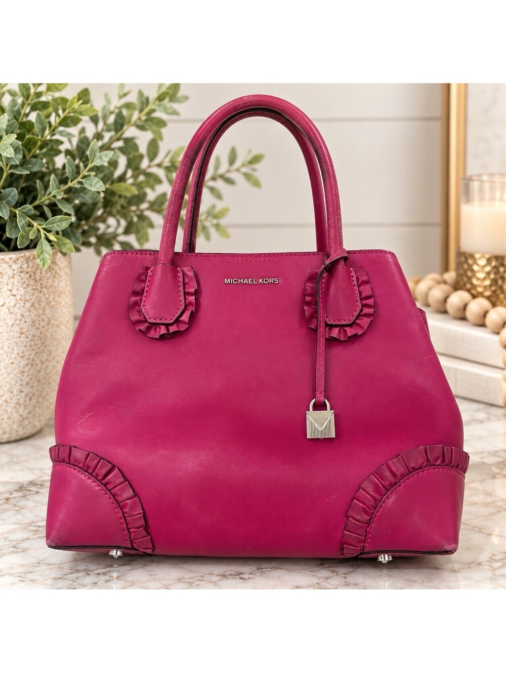 Michael Kors Mercer Gallery Ruffle Leather Satchel Fuchsia Pink Handbag Purse